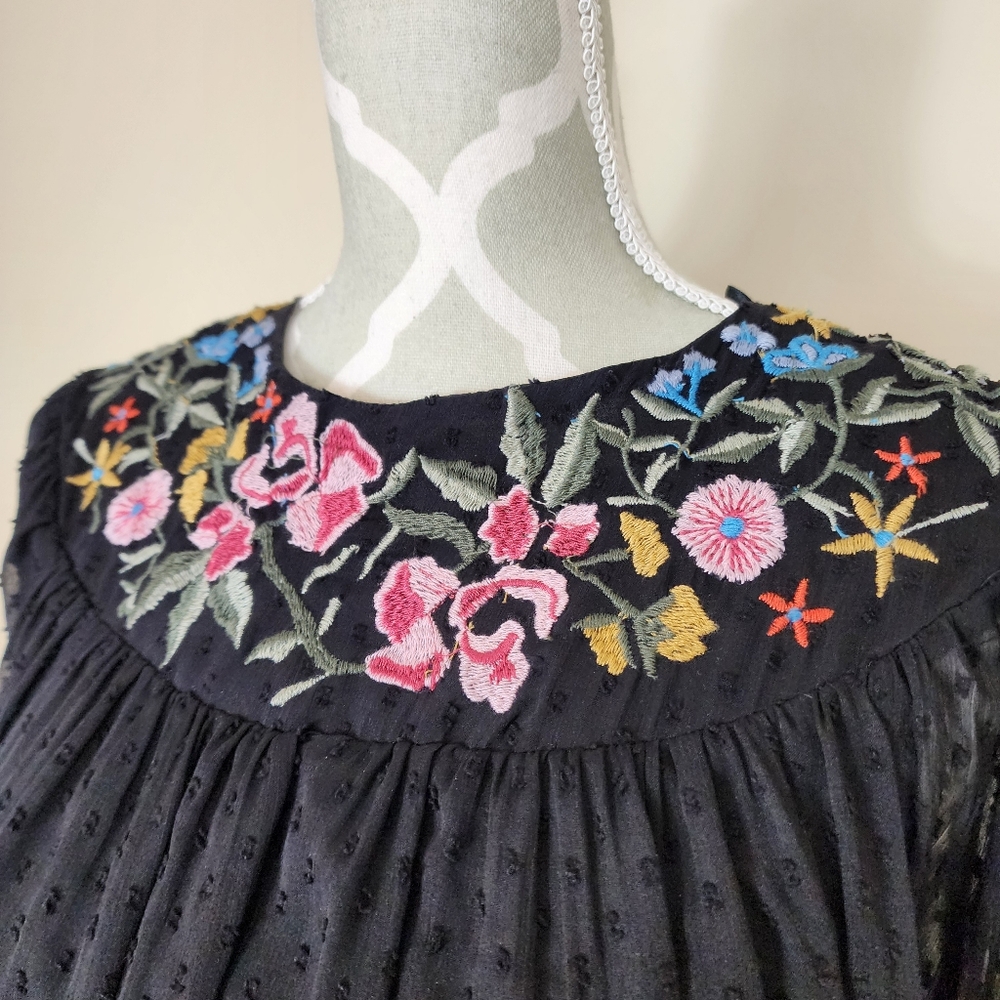 ZARA Trafaluc Black Embroidered Floral Long Sleeve Tassel Chiffon Top Boho XS - Picture 3 of 12